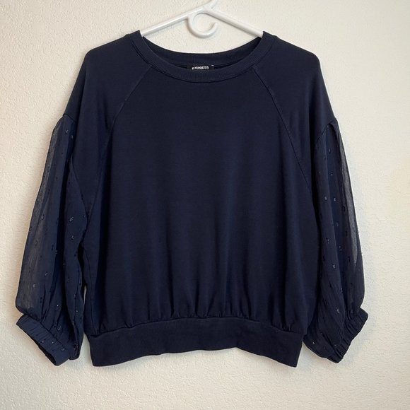Express Sweatshirt with 3/4 length sheer sleeves, Navy, Size XS - Picture 1 of 8